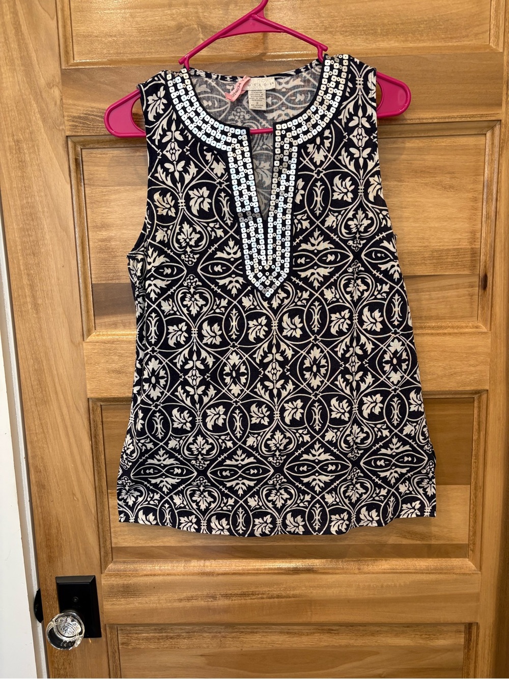 Tweeds Sleeveless Tunic Top Black & White Sequin Trim Resort Wear Small
